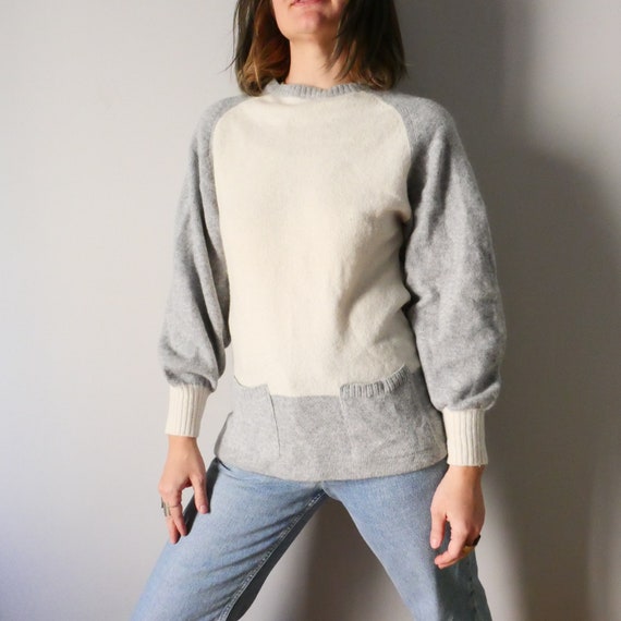 Vintage bunny angora fluffy puff sleeves grey whi… - image 1