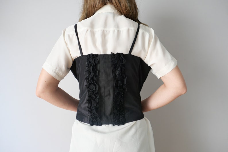 Vintage corset top black lace corsage 70s satin 80s adjustable size L-XL image 5