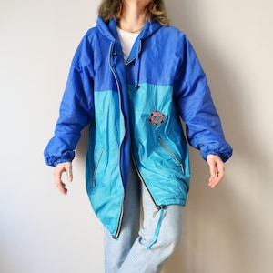Vintage double face turquoise blue anorak 90s Blue Seven fleece jacket pop colors unisex all weather size S/L