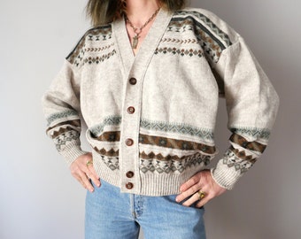 Vintage Lana Wool blend grey Fair Isle Cardigan cozy cottage core boxy style 80s 90s style unisex slouchy granny jumper size M