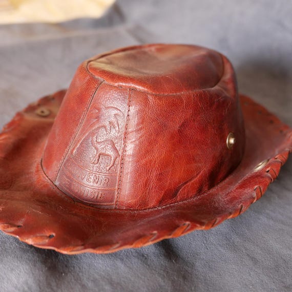Vintage Cognac Leather Cowboy Hat: Handmade 70s Unisex  display picture 2