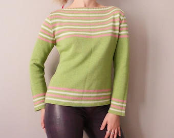 Vintage Gestreifter Strickpullover: Grün Rosa Baumwolle Pullover Gr S/M
