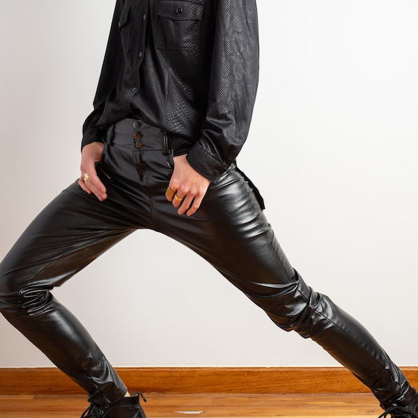 Vintage super high waist black faux leather pants rock aesthetics straight sleek pants size m