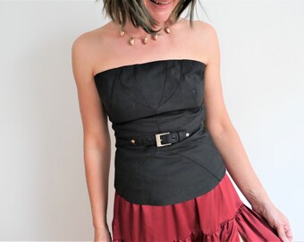 Vintage corset top black matte satin accessoire corsage y2k 70s 80s ajustable size M