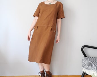 Vintage linen earthy brown half sleeve boxy dress cottage core French style romantic 80s size S/L