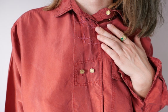 Vintage Silk Embroidered Shirt: Brick Red Earthy Tones, Size M/L