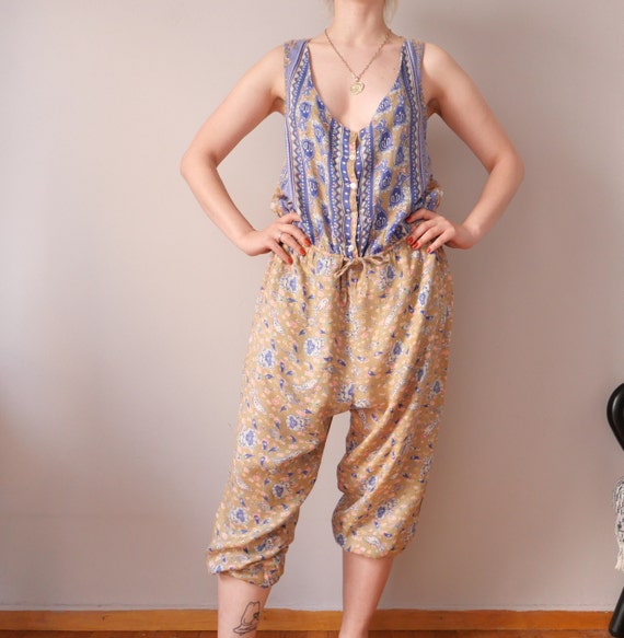 Vintage jumpsuit apron cut made in India 90s beig… - image 2