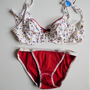 Vintage cotton retro set panties and bra red polka white multi color unworn nostalgic underwear size s/m