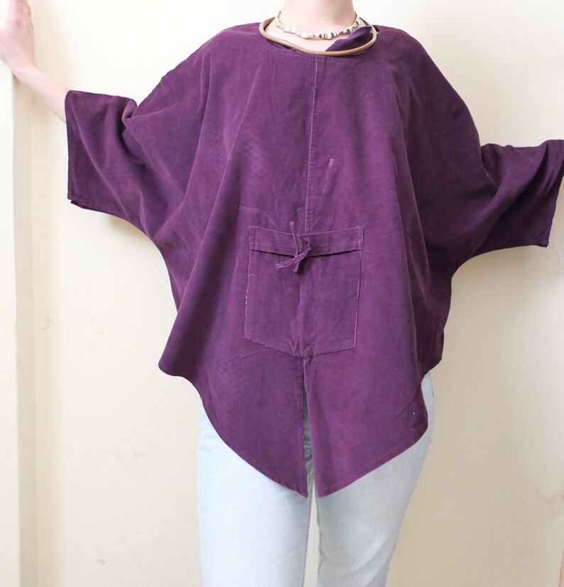 Vintage corduroy boho shirt soft India cotton poncho ethnic overthrow cozy chunky 90s pareo wool unisex purple cover up all sizes zdjęcie 2