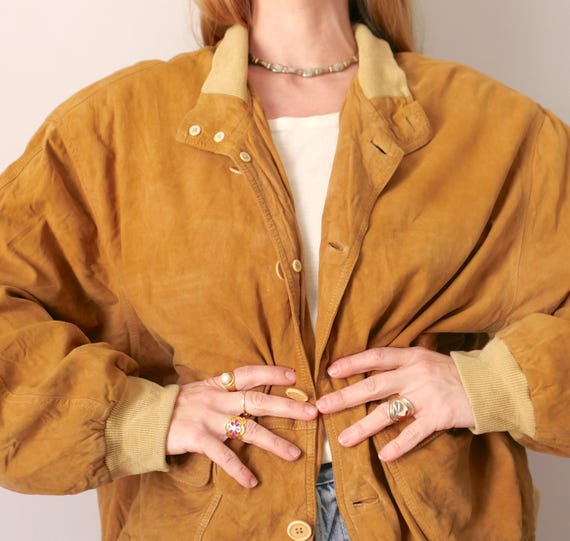 Vintage Camel Suede Leather Bomber Jacket: 80s/90s Boxy Fit, Size