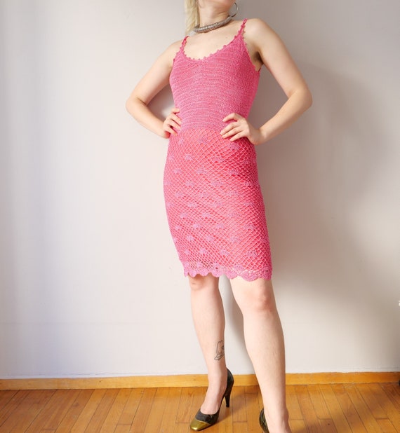 Vintage pink crochet dress Y2K 90s barbie core kn… - image 1