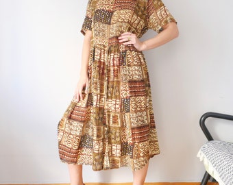 Vintage Indian cotton earthy patchwork sheer dress with half sleeves muslin boho cottage core button down basic size M/L