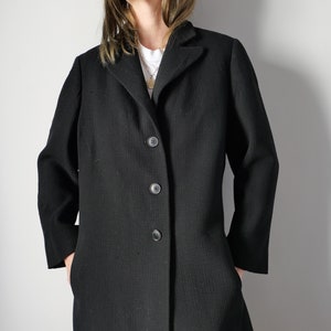 Vintage 90s Black Wool Overcoat: Italian Gabardine Long Coat, Size M