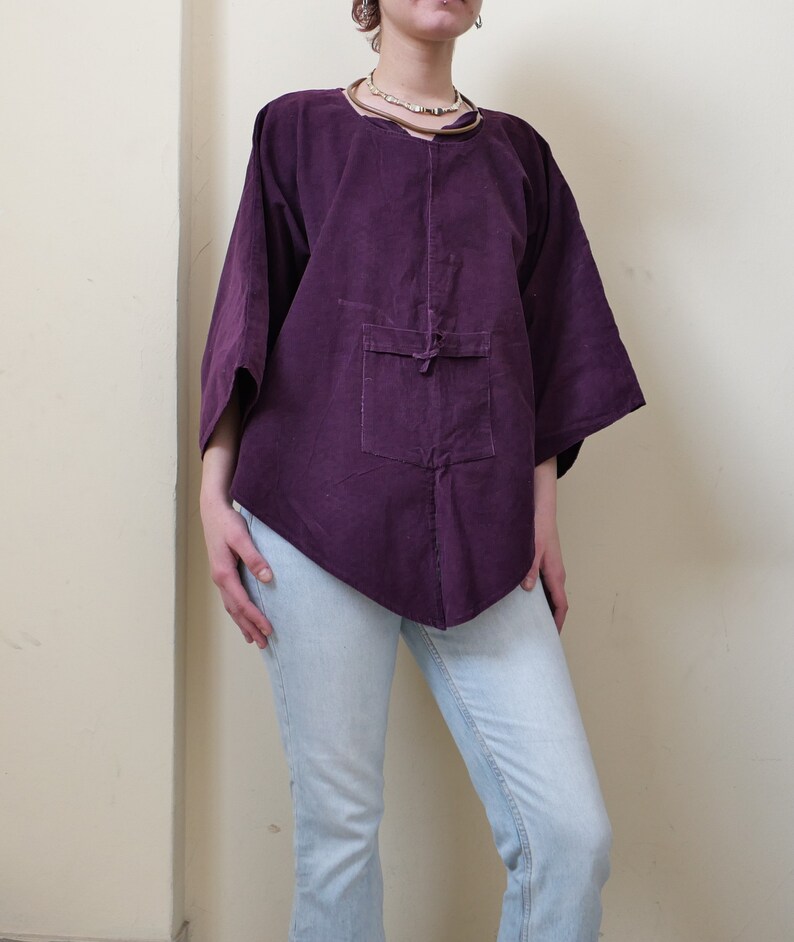 Vintage corduroy boho shirt soft India cotton poncho ethnic overthrow cozy chunky 90s pareo wool unisex purple cover up all sizes zdjęcie 3