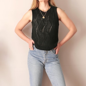 Vintage Black Knit Cotton Vest: Minimalist Sleeveless Top, Size M