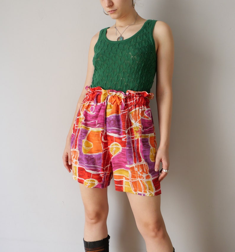 vintage années 90 sac en papier patchwork motif shorts taille haute pantalon de base vêtements de maison cottage core shorts taille S image 3