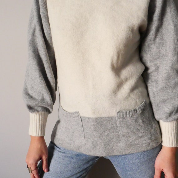 Vintage bunny angora fluffy puff sleeves grey whi… - image 2