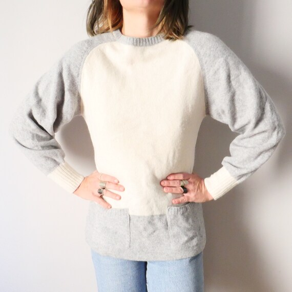 Vintage bunny angora fluffy puff sleeves grey whi… - image 8