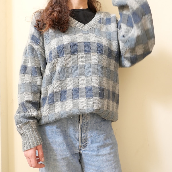 Pull vintage carré bleu gris calme à carreaux cottage core des années 90 capsule unisexe chunky basique taille M-L