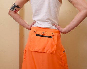 Vintage Y2K neon orange maxi straight cargo wrap skirt with zipper details super cool long basic shape capsule skirt size S/XL onesize