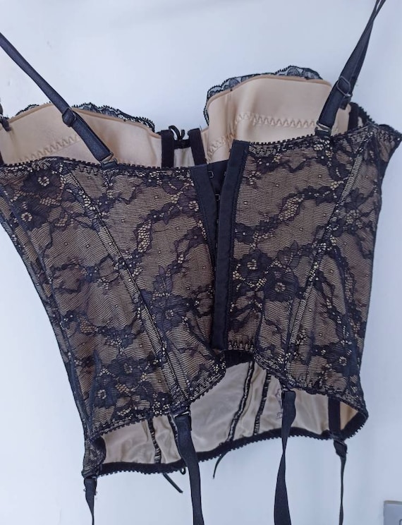 Vintage corset top black satin accessoire corsage 70s 80s y2k ajustable size M