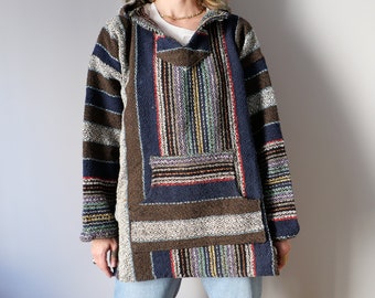 Vintage Mexican earthy boho tunic cotton blend multicolor sweater kaftan hippie layer look hooded basic size s/l unisex