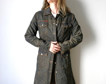 vintage années 90 denim manteau noir brossé classique doublure en peluche unisexe basique années 90 jeans veste longue boutonnée taille L capsule total denim
