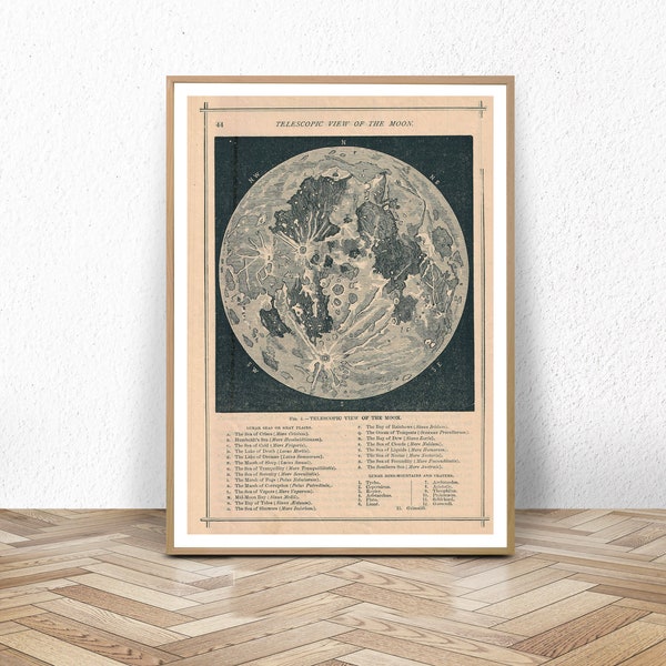 Antique Moon Print Poster, Vintage Moon Map, Professional Reproduction, Vintage Lunar Map of the Moon Antique Celestial Map Moon Map Chart