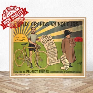 Peugeot Cycles, Vintage Bicycle Posters, cycling enthusiasts, illustrations of the bikes