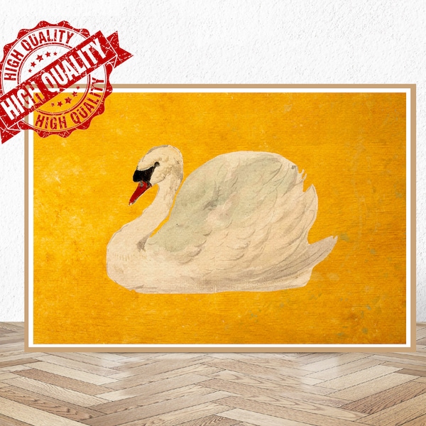 Japanese Swan, Vintage Swan Print, Farmhouse Wall Decor, Antique Neutral Tone, Aert Schouman Knobbelzwaan Poster, Housewarming Gift Unique