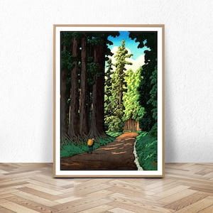 Japoński plakat, plakat z japońskim lasem w stylu vintage, sztuka drzeworytnicza, droga do Nikko autorstwa Kawase Hasui, wystrój japoński, sztuka ścienna z motywem botanicznym