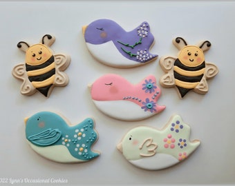 Garden Floral Birds and Bees 1  Dozen Sugar Cookies Royal Icing Colorful Unique For Any Occasion