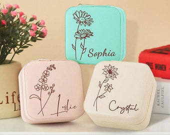 Personalized Birth Flower Jewelry Box Custom Jewelry Organizer Storage Gift for Her