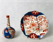 Antique Imari Bottle neck vase - Meiji Period - Blue Red Japanese design - Plate Vase - Vintage pretty oriental (27)