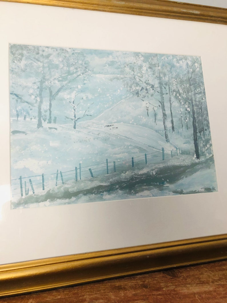 bb Highland Winter Scottish scene Gouache scotland painting of a snow filled scene large framed
