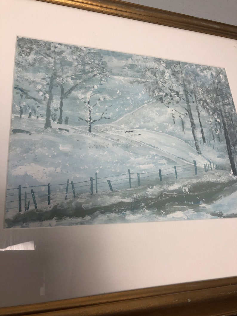 bb Highland Winter Scottish scene Gouache scotland painting of a snow filled scene large framed