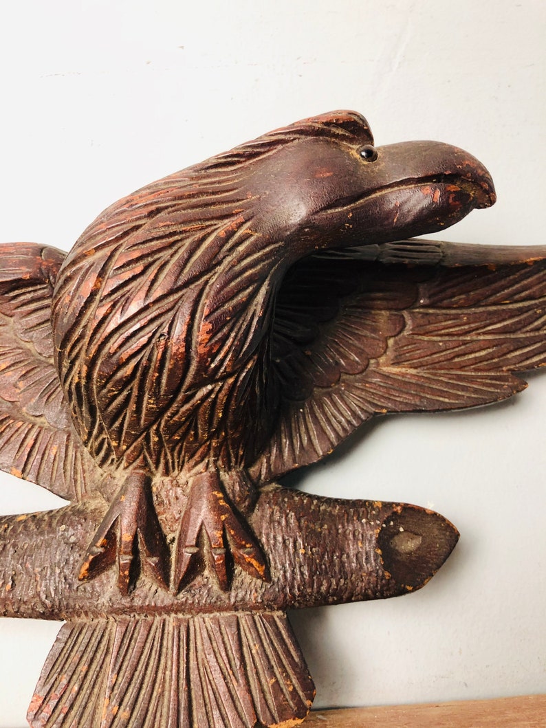 8 Antique Wooden carved 19th century Black Forest eagle with glass eye wall sculpture vintage handmade decor