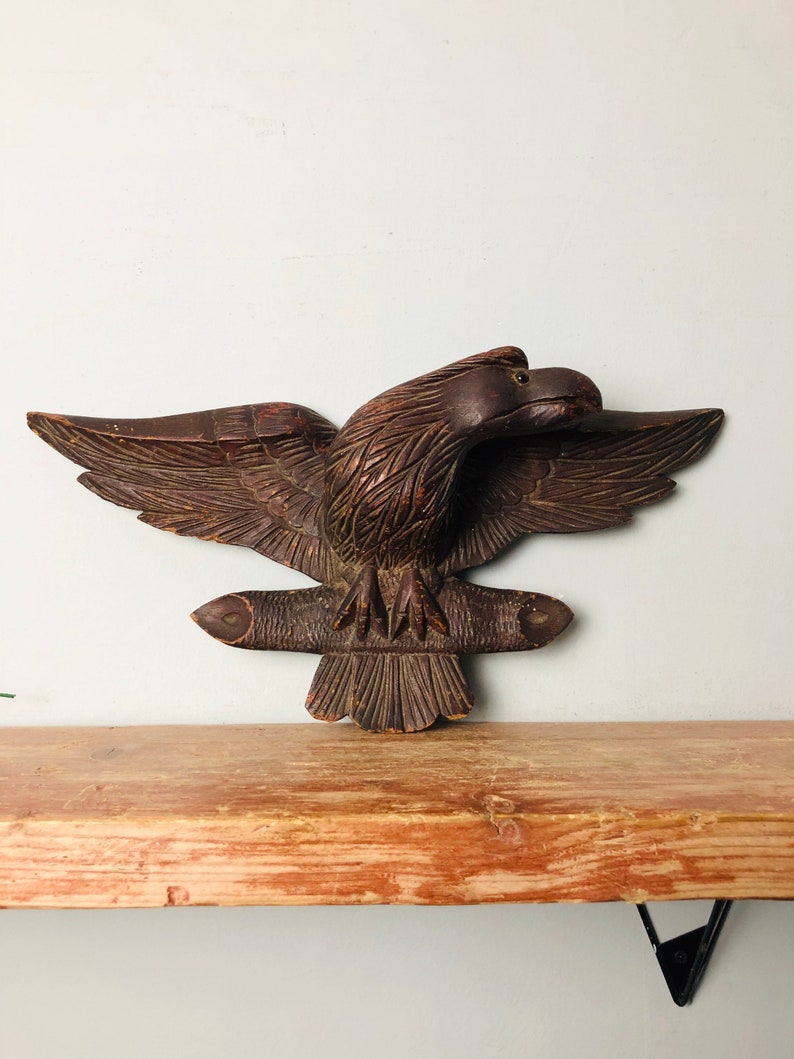 8 Antique Wooden carved 19th century Black Forest eagle with glass eye wall sculpture vintage handmade decor