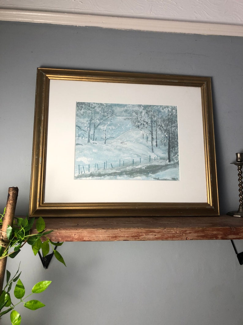bb Highland Winter Scottish scene Gouache scotland painting of a snow filled scene large framed