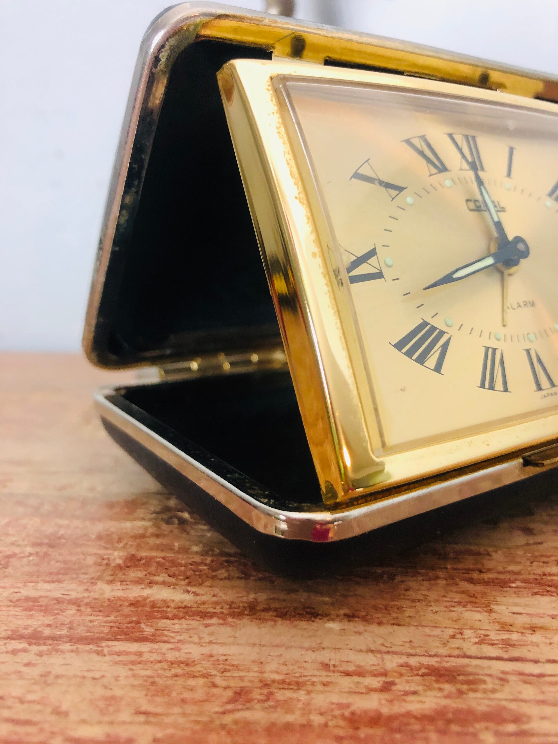 Vintage Coral black leather style Travel compact Alarm Clock Etsy