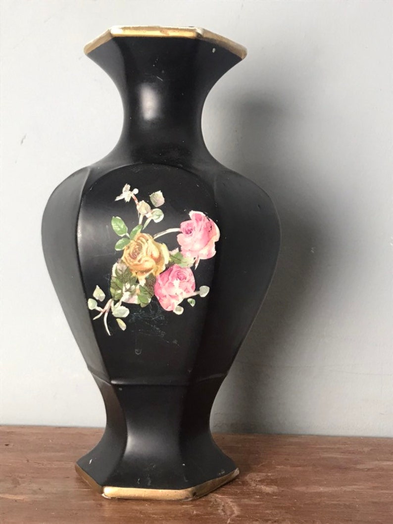 Blythe Vintage Black Vase with floral transfer Pink roses Etsy