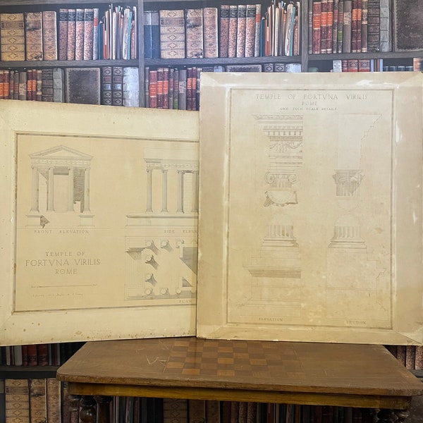 Huge pair of original 1930s RIBA approved Architectural Drawings of Temple of Portunus sketch one inch scale teaching aids student work