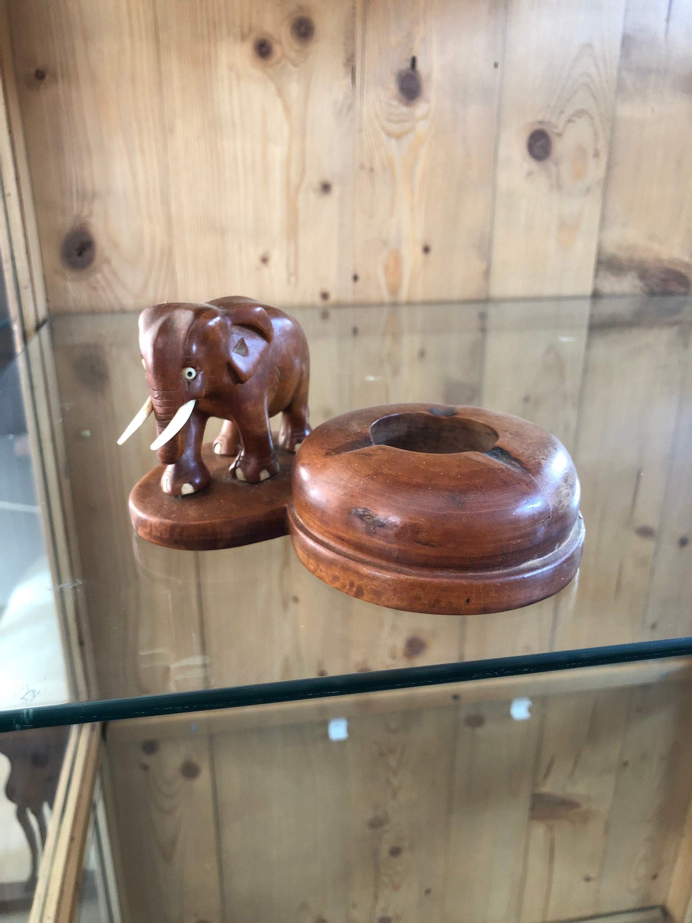 Vintage Wooden Carved Elephant Ashtray Bone Tusks Eyes and Etsy