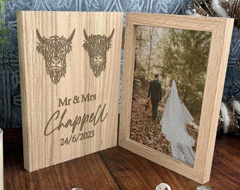 Photo Frame Personalised With Mr & Mrs Highland Cow Design