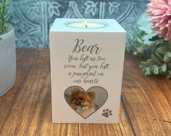 Paw Print on our Hearts Pet Memorial Candle Holder Personalised Picture and Name