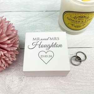 Double Ring Box - Personalised Wedding Day Heart Ring Carrier - Names and Date