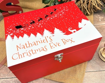 Snowy Silhouette with Santa and Reindeer - Red Personalised Christmas Eve Box