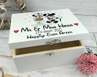 Mickey Mouse & Minnie Mouse Wedding Day Memory Box - Disney Gift Engagement Present Personalised Memories - Mementos White - Friend - Couple