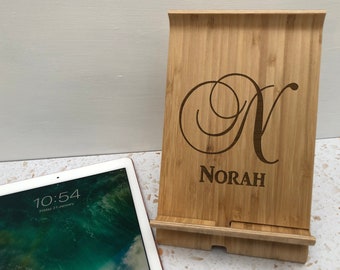 Monogram Bamboo Tablet or Phone Stand Holder Personalised Name Gift Office
