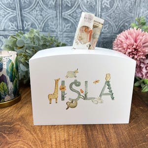 Hucha de madera con temática de animales en acuarela - Colorida - Personalizada - Ahorro infantil - Regalo para recién nacidos/niños